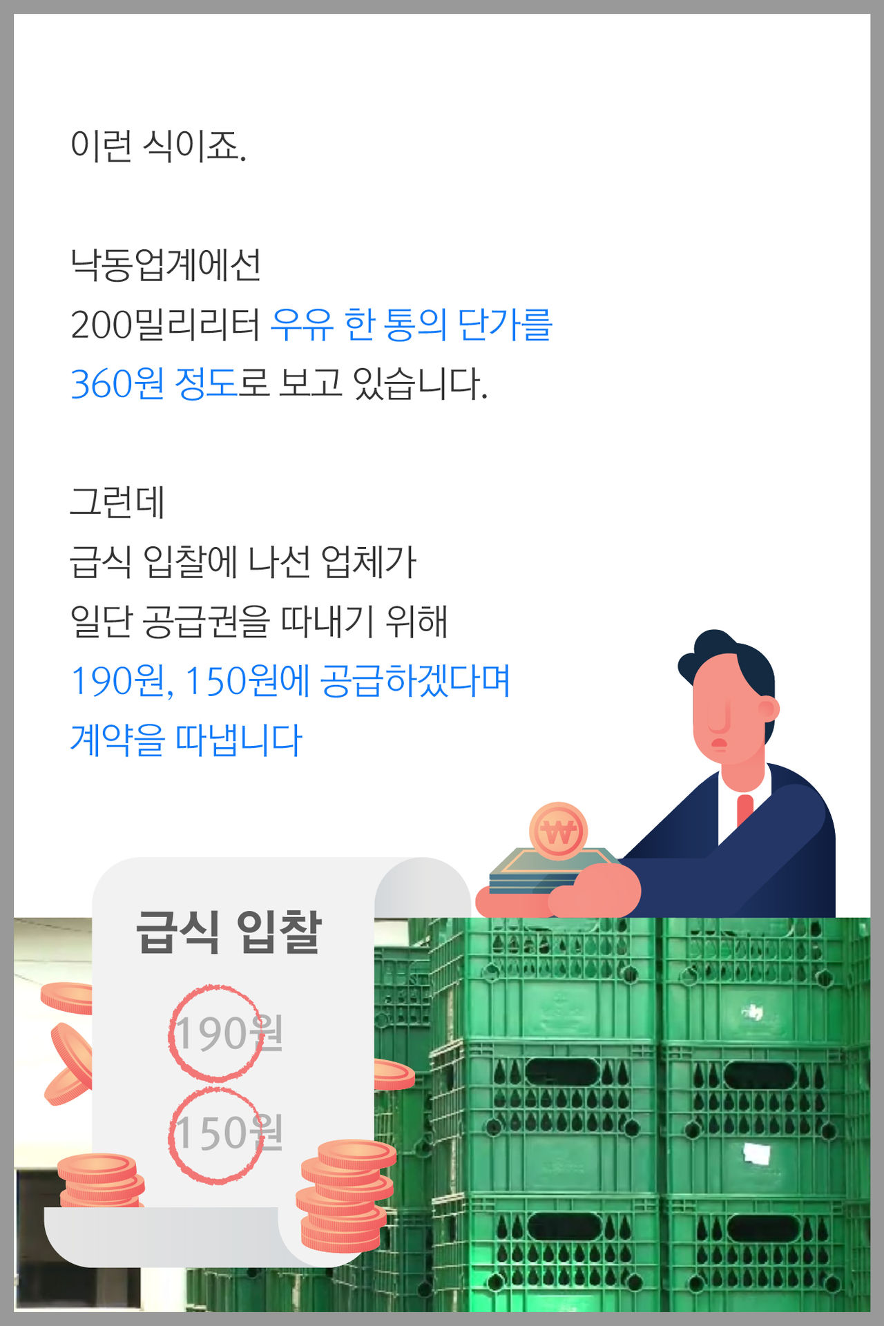이런 식이죠.

낙동업계에선 
200밀리리터 우유 한 통의 단가를
360원 정도로 보고 있습니다.

그런데 급식 입찰에 나선 업체가
일단 공급권을 따내기 위해 
190원, 150원에 공급하겠다며 계약을 따냅니다.
