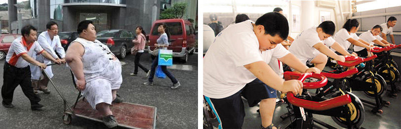 병원으로 이동되는 中 비만 남성(좌),  중국 비만 청소년들(우)