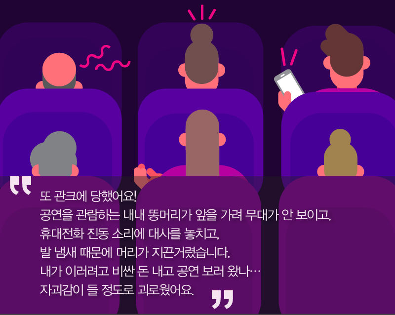 “또 관크에 당했어요! 공연을 관람하는 내내 일명 '똥머리'가 앞을 가려 무대가 안 보이고, 휴대전화 진동 소리에 대사를 놓치고, 발 냄새 때문에 머리가 지끈거렸습니다. 내가 이러려고 비싼 돈 내고 공연 보러 왔나… 자괴감이 들 정도로 괴로웠어요."