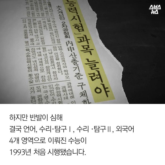 메인이미지  8 : 하지만 반발이 심해 결국 언어, 수리·탐구Ⅰ, 수리 ·탐구Ⅱ, 외국어 4개 영역으로 이뤄진 수능이 1993년 처음 시행됐습니다.