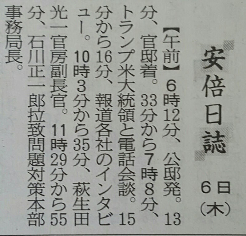 산케이신문 4월7일자 아베 총리 6일 일정. 6시12분 공저(생활공간) 출발 13분 관저(근무공간) 도착 후 33분부터 트럼프 미국 대통령과 전화통화