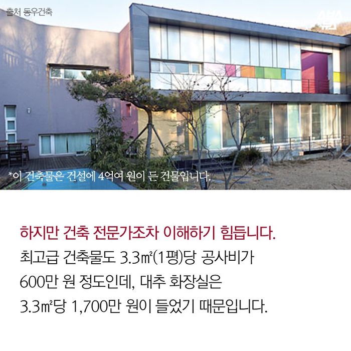 메인이미지  15 : 하지만 건축 전문가조차 
이해하기 힘듭니다
최고급 건축물도 3.3㎡(1평)당
공사비가 600만 원 정도인데,
대추 화장실은 3.3㎡당
1,700만 원이 들었기 때문입니다.