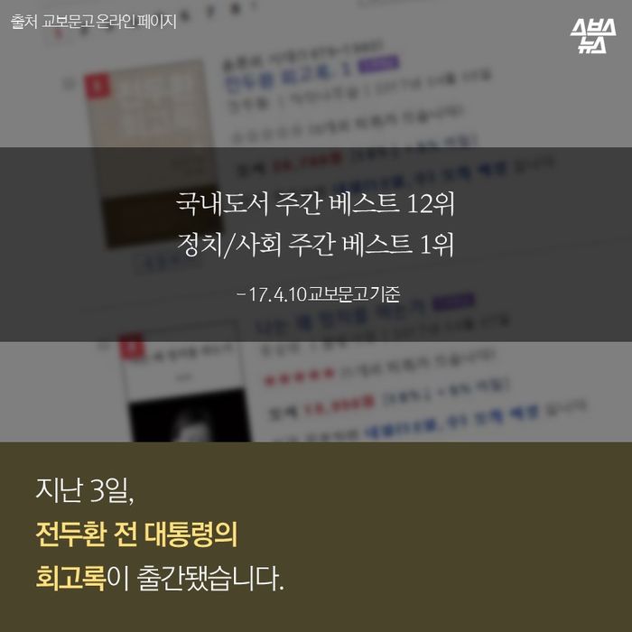 메인이미지  2 : 국내도서 주간 베스트 12위
정치/사회 주간 베스트 1위
 - 17. 4.10 교보문고 기준
지난 4월 3일, 
전두환 전 대통령의
회고록이 출간됐습니다.