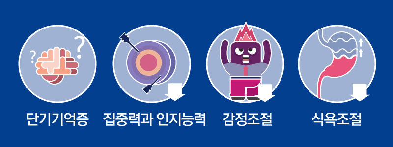 단기기억증, 집중력과 인지능력, 감정조절, 식욕조절 안 되는 사진