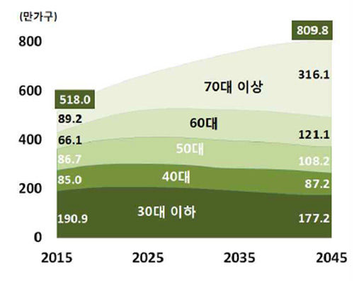 1인 가구 연령별 규모 2015-2045 (통계청)