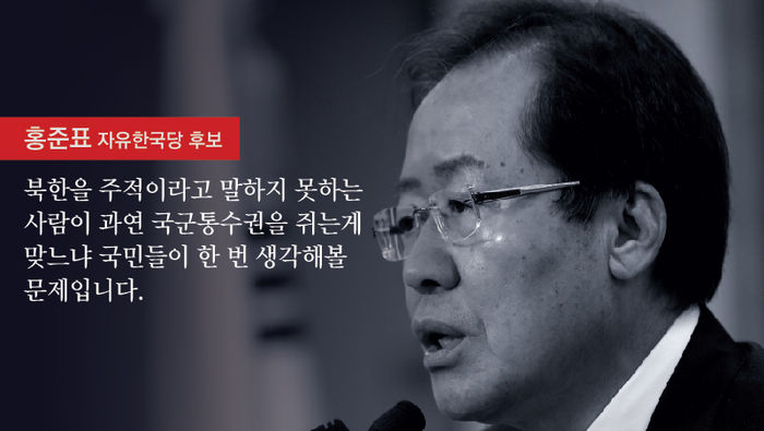 홍준표 “북한을 주적이라고 말하지 못하는 사람이 과연 국군통수권을 쥐는 게 맞느냐 국민들이 한 번 생각해볼 문제입니다.”