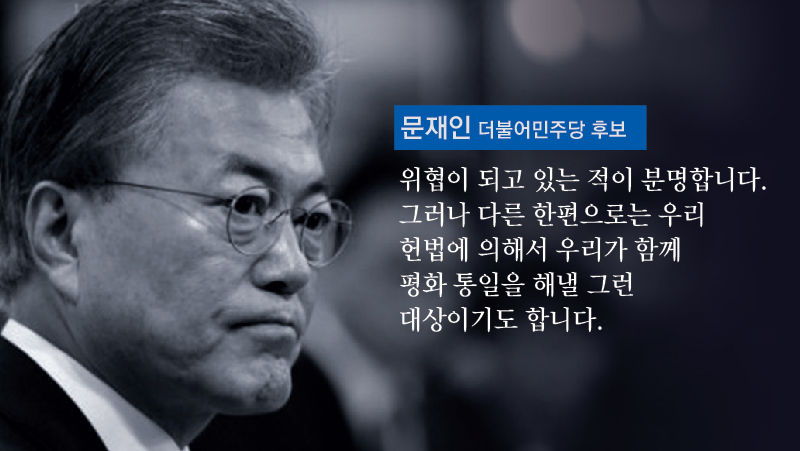 문재인 "위협이 되고 있는 적이 분명합니다. 그러나 다른 한편으로는 우리 헌법에 의해서 우리가 함께 평화 통일을 해낼 그런 대상이기도 합니다."