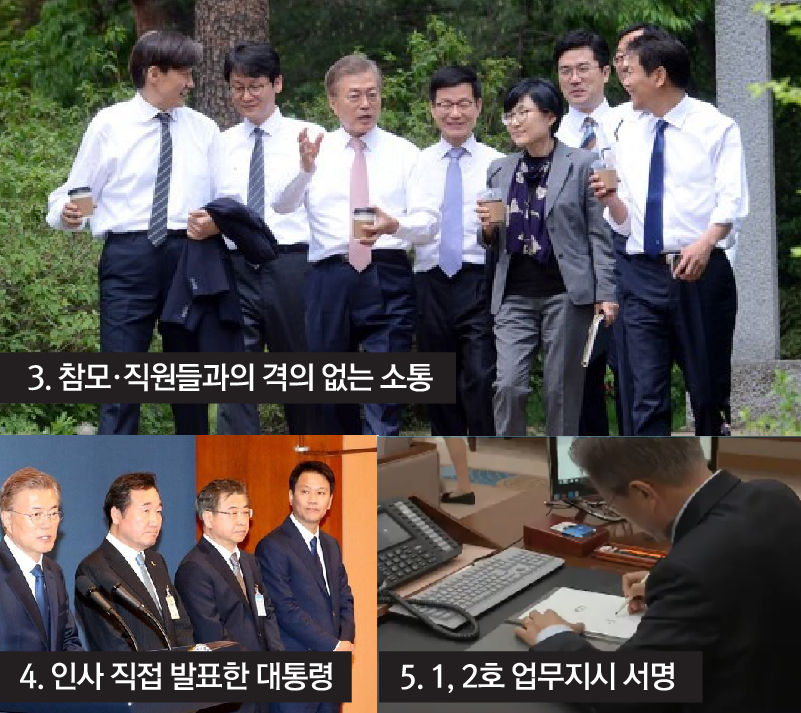 3. 참모, 직원들과의 격의 없는 소통
4. 인사 직접 발표한 대통령
5. 1,2호 업무지시 서명