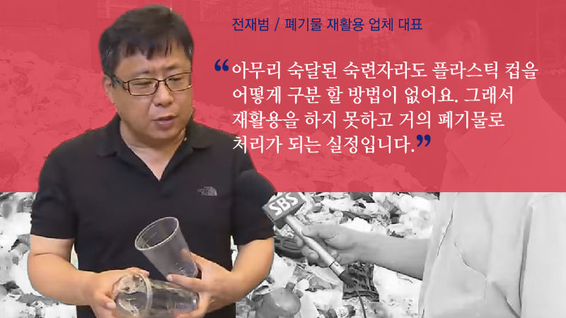 *그래픽
[전재범 / 폐기물 재활용 업체 대표]
"아무리 숙달된 숙련자라도 플라스틱 컵을 어떻게 구분할 방법이 없어요. 그래서 재활용을 하지 못하고 거의 폐기물로 처리가 되는 실정입니다."