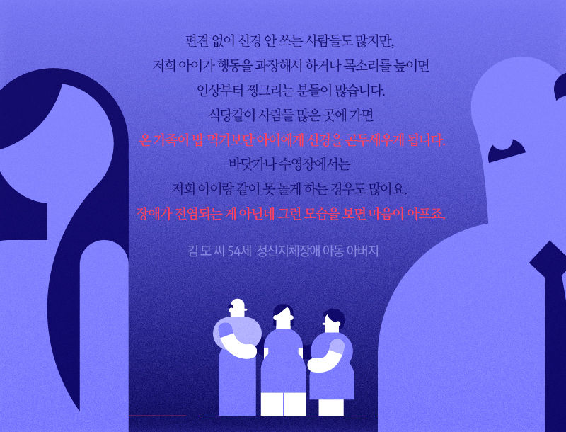 [김 모 씨 54세 / 정신지체장애 아동 아버지]
"편견 없이 신경 안 쓰는 사람들도 많지만, 저희 아이가 행동을 과장해서 하거나 목소리를 높이며 인상부터 찡그리는 분들이 많습니다. 식당같이 사람들 많은 곳에 가면 온 가족이 밥 먹기보단 아이에게 신경을 곤두세우게 됩니다. 바닷가나 수영장에서는 저희 아이랑 같이 못 놀게 하는 경우도 많아요. 장애가 전염되는 게 아닌데 그런 모습을 보면 마음이 아프죠."