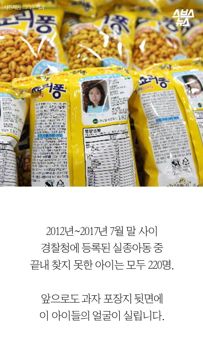 2012년~2017년 7월 말 사이 경찰청에 등록된 실종아동 중 끝내 찾지 못한 아이는 모두 220명. 앞으로도 과자 포장지 뒷면에 이 아이들의 얼굴이 실립니다.