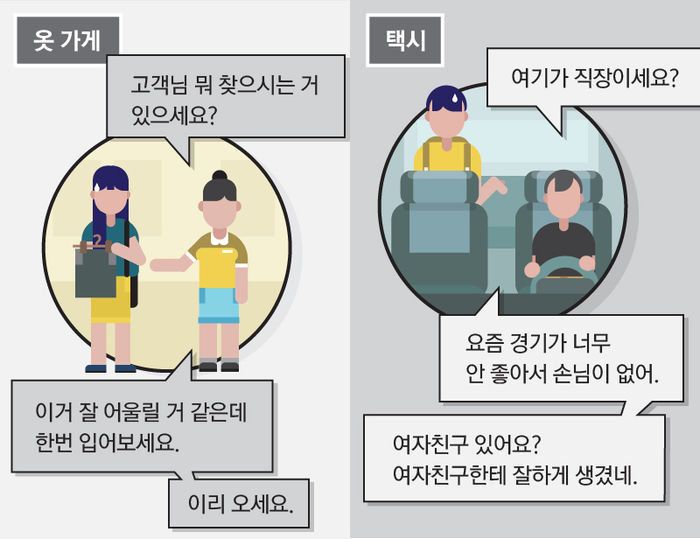 *그래픽
(상황1 옷 가게)
"고객님 뭐 찾으시는 거 있으세요?
이거 잘 어울릴 거 같은데 한번 입어보세요. 저한테 가방 주세요. 이리 오세요."
(상황2 택시)
"여기가 직장이세요? 여자친구 있어요? 여자친구한테 잘하게 생겼네. 요즘 경기가 너무 안 좋아서 손님이 없어요."