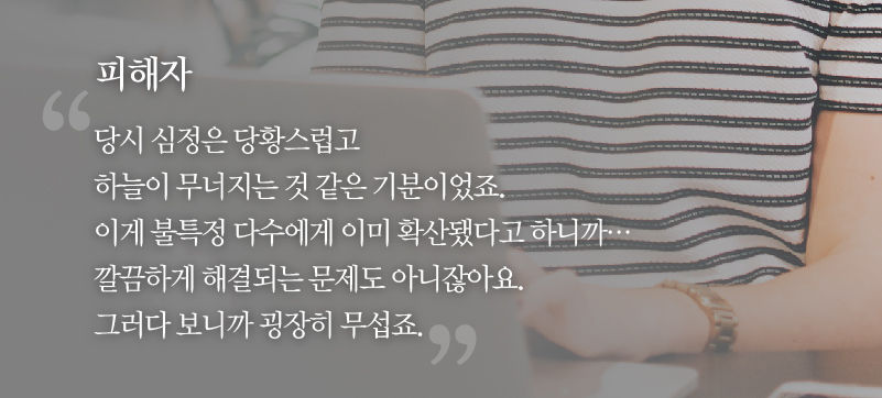 *그래픽
[피해자]
"당시 심정은 당황스럽고 하늘이 무너지는 것 같은 기분이었죠. 이게 불특정 다수에게 이미 확산됐다고 하니까… 깔끔하게 해결되는 문제도 아니잖아요. 그러다 보니까 굉장히 무섭죠."
