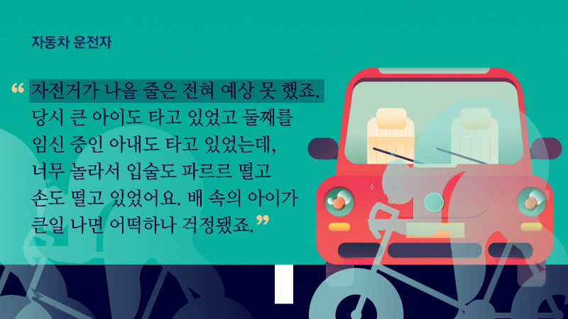 
*그래픽
[자동차 운전자]
"자전거가 나올 줄은 전혀 예상 못 했죠. 당시 큰 아이도 타고 있었고 둘째를 임신 중인 아내도 타고 있었는데 너무 놀라서 입술도 파르르 떨고 손도 떨고 있었어요. 배 속의 아이가 큰일 나면 어떡하나 걱정됐죠."