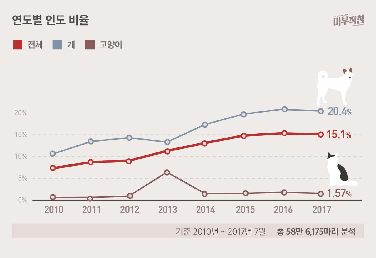 [마부작침] 유기동물 그래프_연도별 인도 비율