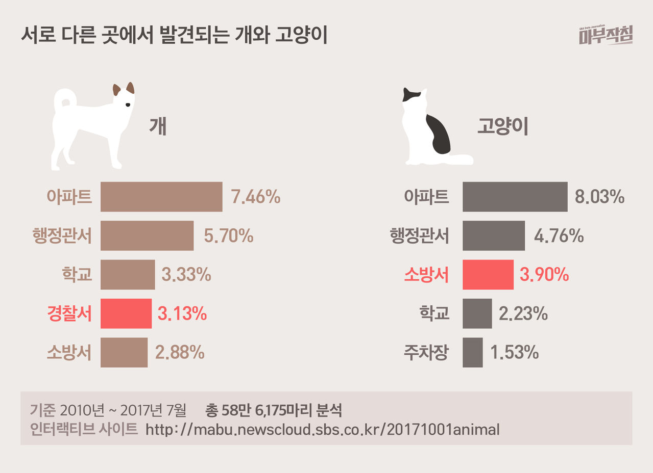 [마부작침] 유기동물 그래프_서로 다른 곳에서 발견되는 개와 고양이