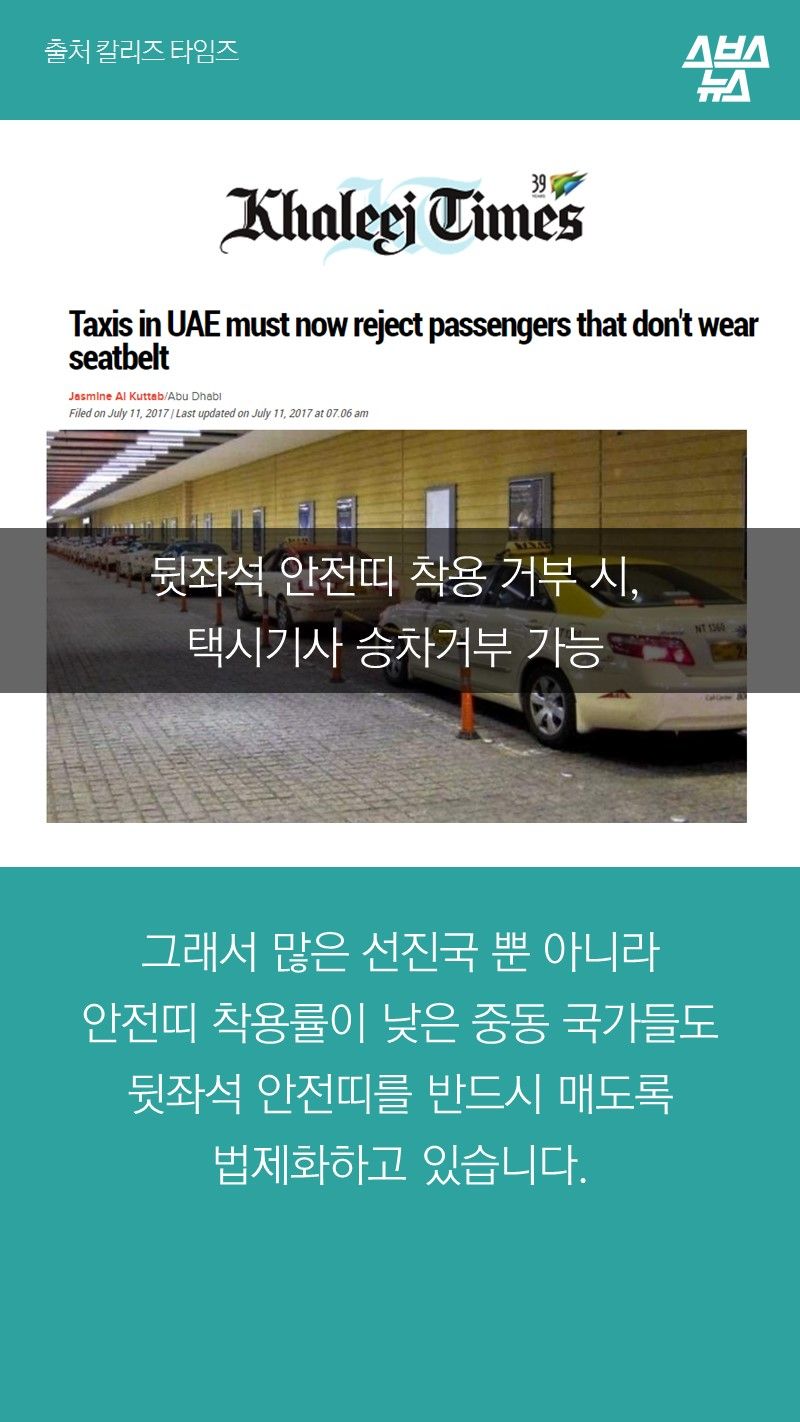 그래서 많은 선진국 뿐 아니라
안전띠 착용률이 낮은 중동 국가들도
뒷좌석 안전띠를 반드시 매도록 법제화하고 있습니다.