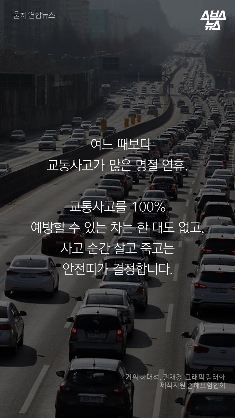 여느 때보다
교통사고가 많은 명절 연휴.
교통사고를 100%
예방할 수 있는 차는 한 대도 없고,
사고 순간 살고 죽고는
안전띠가 결정합니다.