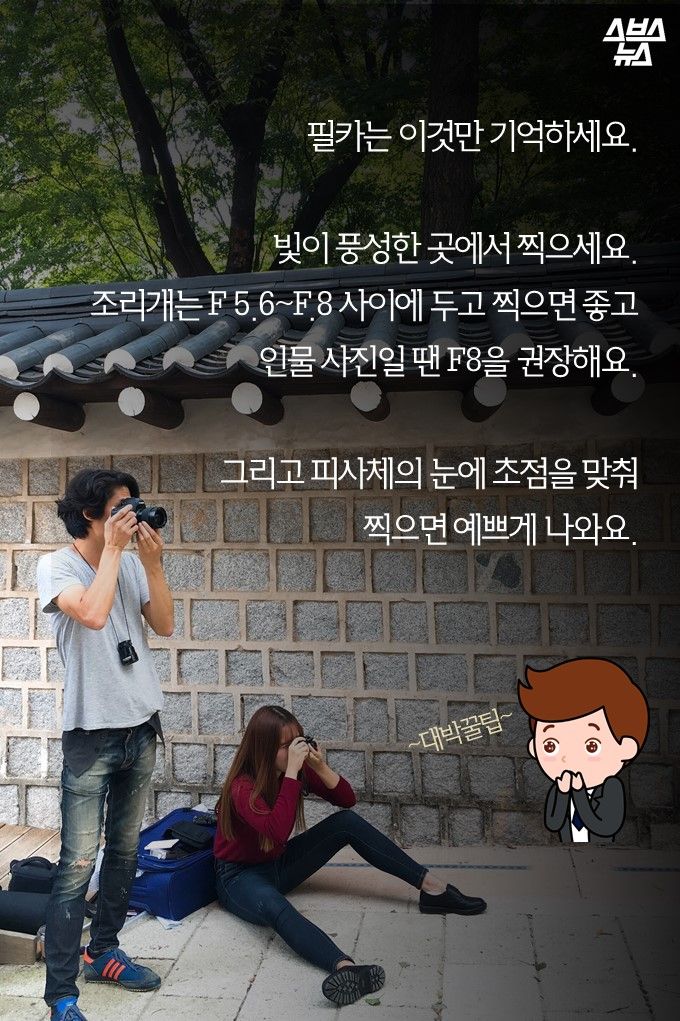 필카는 이것만 기억하세요.빛이 풍성한 곳에서 찍으세요.조리개는 F 5.6~F.8 사이에 두고 찍으면 좋고인물 사진일 땐 F8을 권장해요.
그리고 피사체의 눈에 초점을 맞춰 찍으면 예쁘게 나와요.