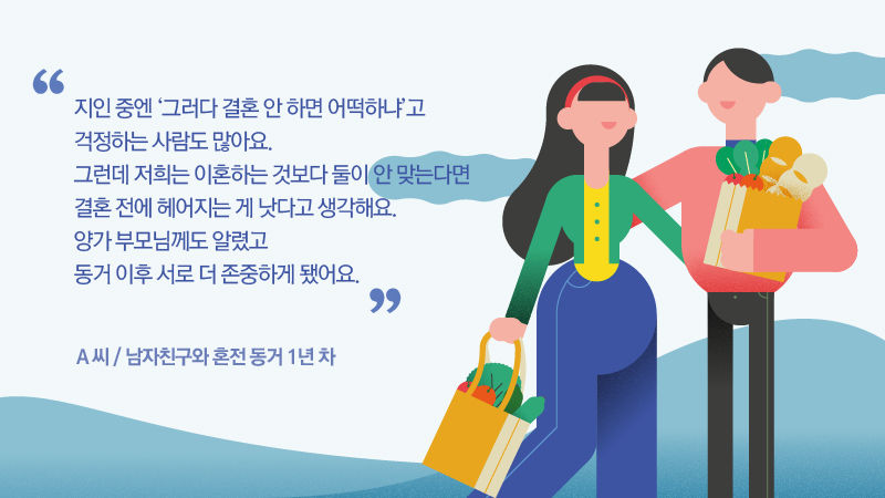 
*그래픽
[A 씨 / 남자친구와 혼전 동거 1년 차]
"지인 중엔 '그러다 결혼 안 하면 어떡하냐'고 걱정하는 사람도 많아요. 그런데 저희는 이혼하는 것보다 둘이 안 맞는다면 결혼 전에 헤어지는 게 낫다고 생각해요. 양가 부모님께도 알렸고 동거 이후 서로 더 존중하게 됐어요."