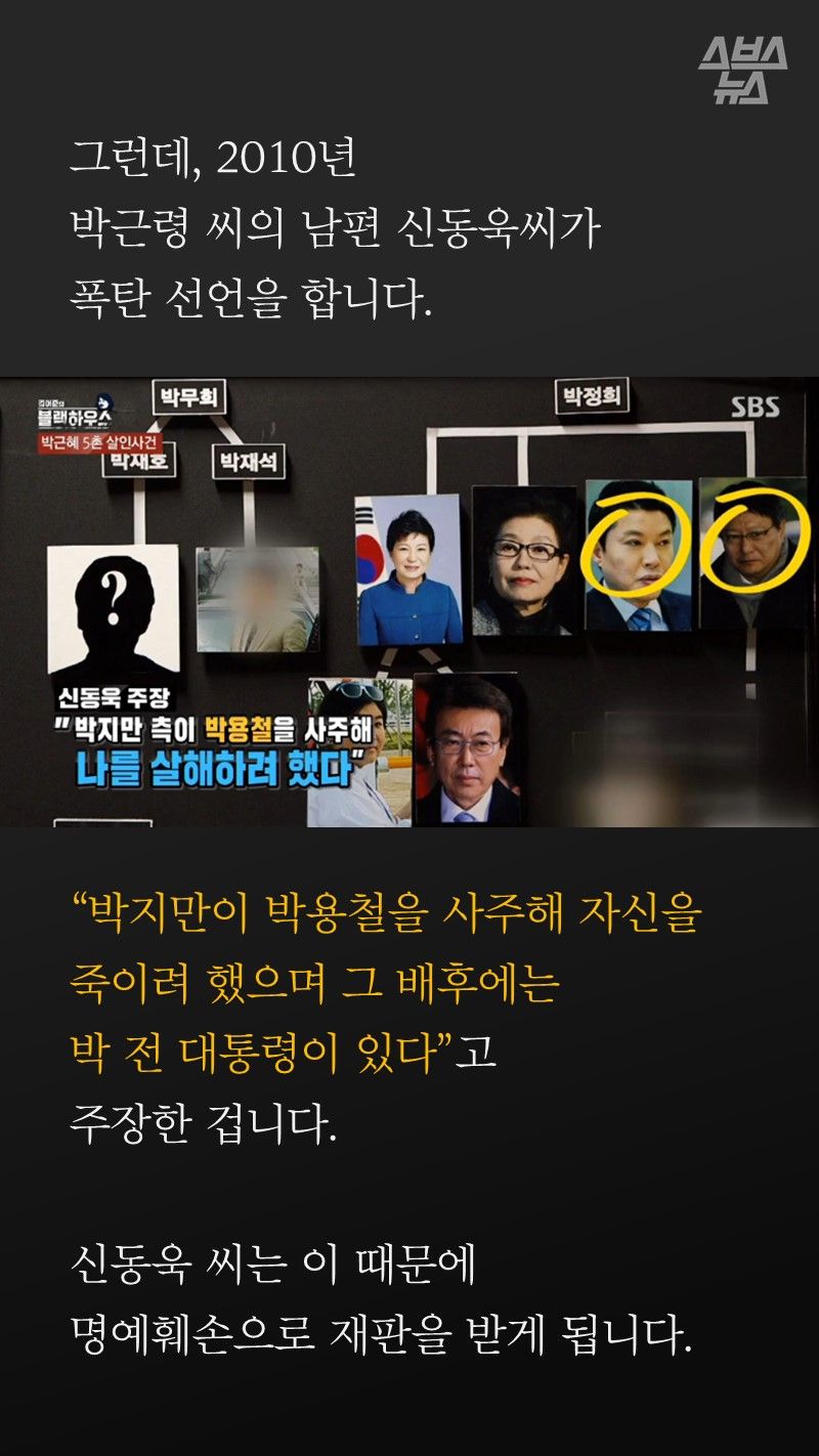 그런데, 2010년
박근령의 남편 신동욱이
폭탄 선언을 합니다.
“박지만이 박용철을 사주해 자신을
죽이려 했으며 그 배후에는
박 전 대통령이 있다”고
주장한 겁니다.
신동욱은 이 때문에
명예훼손으로 재판을 받게 됩니다.