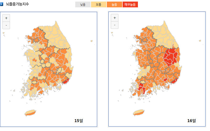 뇌졸중 가능지수 전망 (15일~16일)