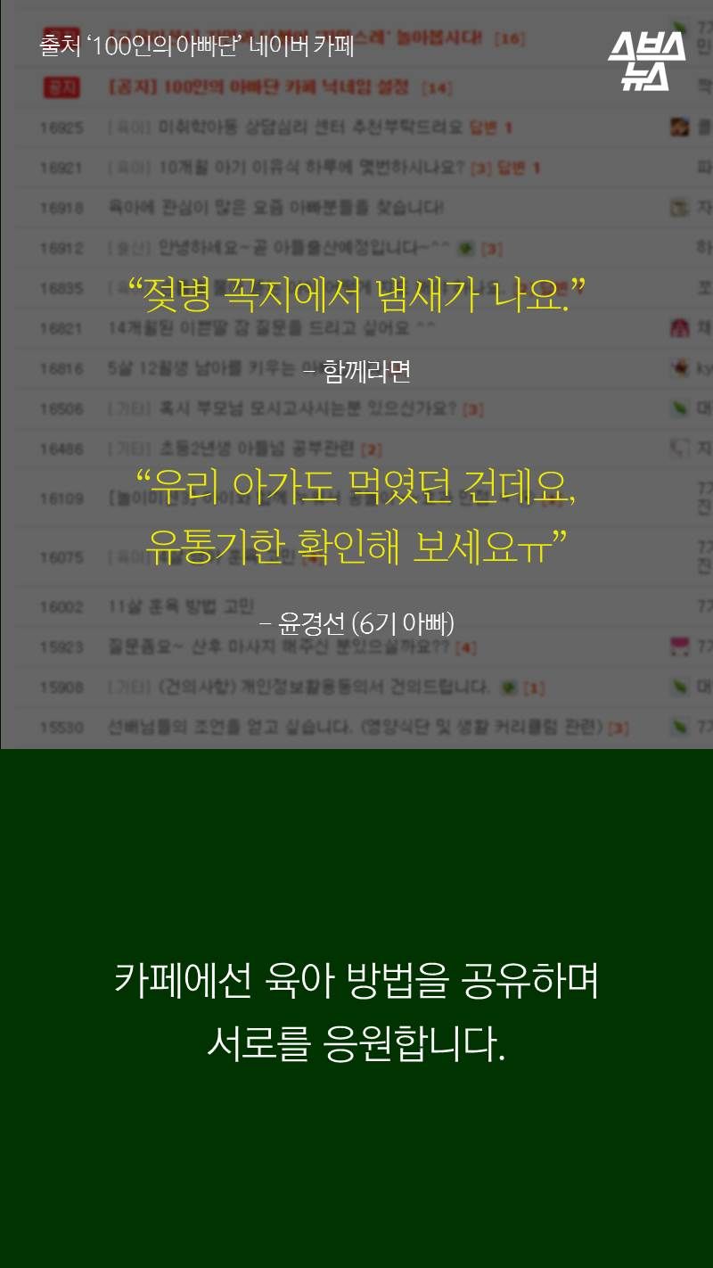 “젖병 꼭지에서 냄새가 나요.”
- 함께라면
“우리 아가도 먹였던 건데요,
유통기한 확인해 보세요ㅠ”
- 윤경선 (6기 아빠)
카페에선 육아 방법을 공유하며
서로를 응원합니다.