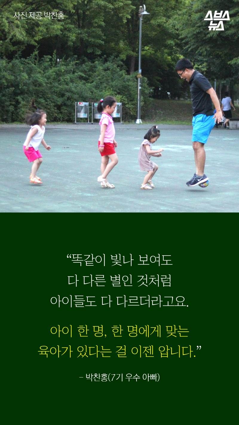“똑같이 빛나 보여도 다 다른 별인 것처럼 아이들도 다 다르더라고요. 아이 한 명, 한 명에게 맞는
육아가 있다는 걸 이젠 압니다.”
- 박찬홍(7기 우수 아빠)