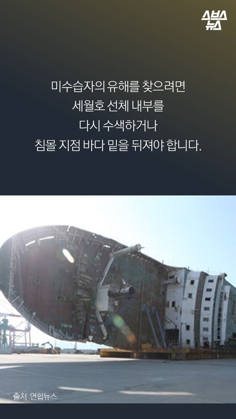 미수습자의 유해를 찾으려면
세월호 선체 내부를
다시 수색하거나
침몰 지점 바다 밑을 뒤져야 합니다.