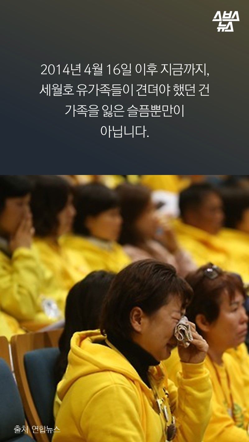 2014년 4월 16일 이후 지금까지,
세월호 유가족들이 견뎌야 했던 건
가족을 잃은 슬픔 뿐만이
아닙니다.
