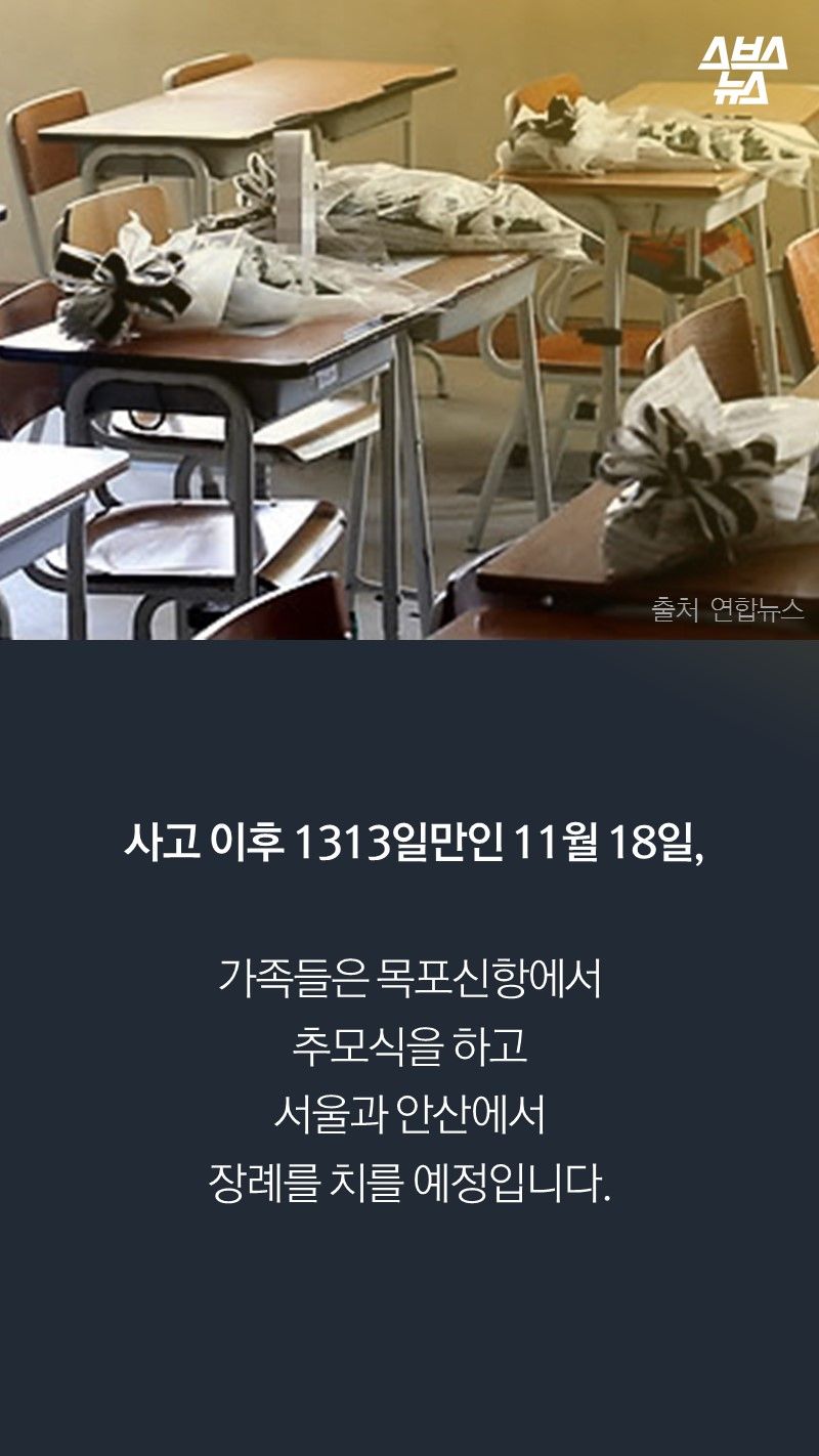 사고 이후 1313일만인 11월 18일,

가족들은 목포신항에서
추모식을 갖고
서울과 안산에서
장례를 치를 예정입니다.
