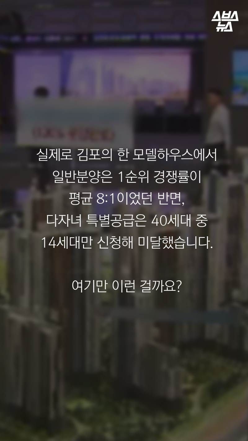실제로 김포의 한 모델하우스에서 일반분양은 1순위 경쟁률이
평균 8:1이었던 반면, 다자녀 특별공급은 40세대 중 14세대만 신청해 미달했습니다.
여기만 이런 걸까요?