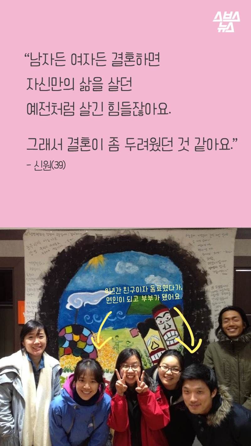 “남자든 여자든 결혼하면
자신만의 삶을 살던
예전처럼 살긴 힘들잖아요.
그래서 결혼이 좀 두려웠던 것 같아요.”
- 신원(39)