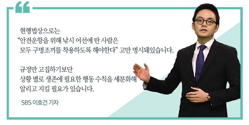 *그래픽
[SBS 이호건 기자]
"현행법상으로는 "안전운항을 위해 낚시 어선에 탄 사람은 모두 구명조끼를 착용하도록 해야 한다"고만 명시돼있습니다. 규정만 고집하기보단 상황 별로 생존에 필요한 행동 수칙을 세분화해 알리고 지킬 필요가 있습니다." //