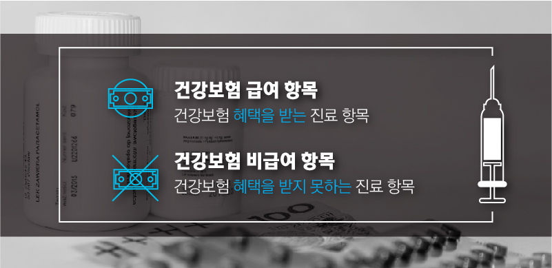 *그래픽
건강보험 급여 항목: 건강보험 혜택을 받는 진료 항목
건강보험 비급여 항목: 건강보험 혜택을 받지 못하는 진료 항목 //