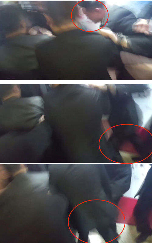 위쪽부터 중국 측 경호관계자가 뒤로 밀려나오다 발로 얼굴을 가격하는 모습. (사진=CBS 노컷뉴스 제공)