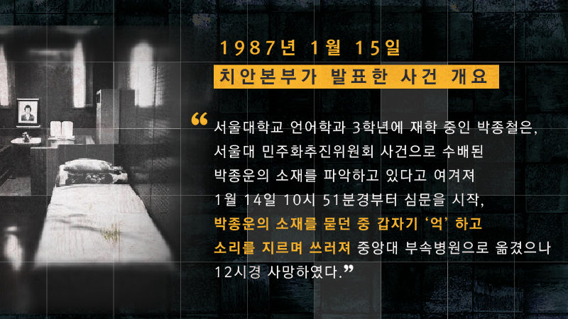 *그래픽
[1987년 1월 15일 치안본부가 발표한 사건 개요]
"서울대학교 언어학과 3학년에 재학 중인 박종철은, 서울대 민주화추진위원회 사건으로 수배된 박종운의 소재를 파악하고 있다고 여겨져 1월 14일 10시 51분경부터 심문을 시작, 박종운의 소재를 묻던 중 갑자기 '억' 하고 소리를 지르며 쓰러져 중앙대 부속병원으로 옮겼으나 12시경 사망하였다." //