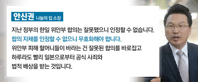 *그래픽
[안신권/나눔의 집 소장]
"지난 정부의 한일 위안부 합의는 잘못됐으니 인정할 수 없습니다. 합의 자체를 인정할 수 없으니 무효화해야 합니다. 위안부 피해 할머니들이 바라는 건 잘못된 합의를 바로잡고 하루라도 빨리 일본으로부터 공식 사죄와 법적 배상을 받는 것입니다." //