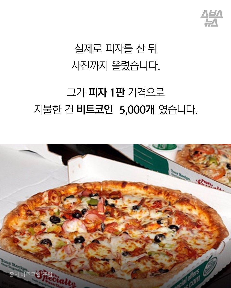 실제로 피자를 산 뒤
사진까지 올렸습니다.
그가 피자 1판 가격으로
지불한 건 비트코인 5,000개 였습니다.