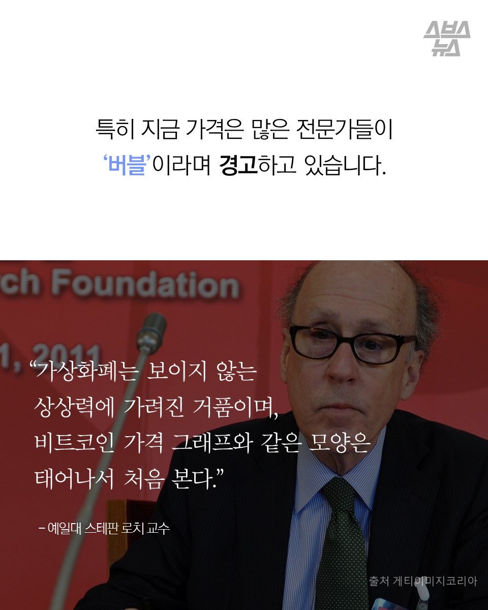 특히 지금 가격은 많은 전문가들이
‘버블’이라며 경고하고 있습니다.
“가상화폐는 보이지 않는
상상력에 가려진 거품이며,
비트코인 가격 그래프와 같은 모양은
태어나서 처음 본다.”
- 예일대 스테판 로치 교수
