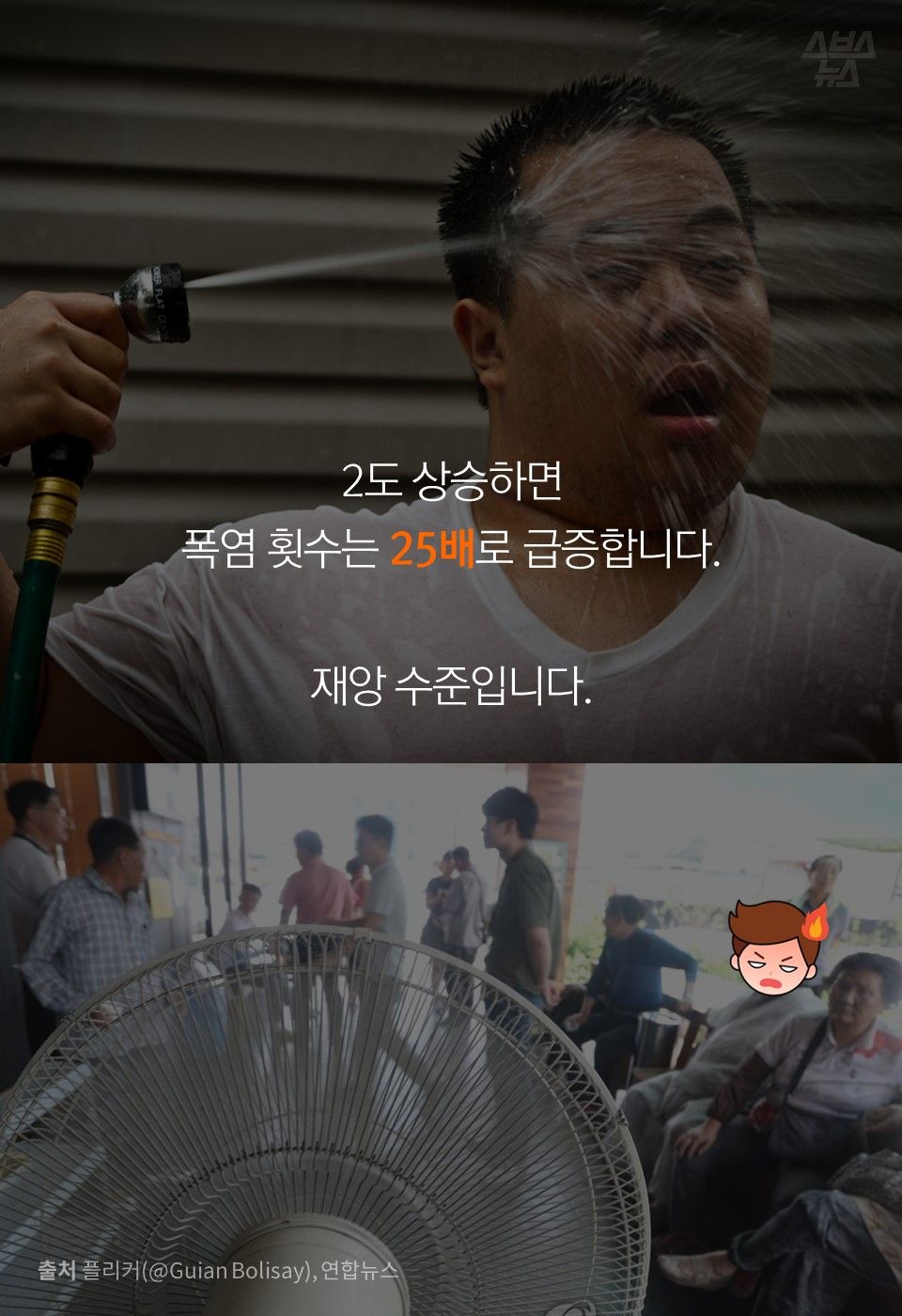 2도 상승하면
폭염 횟수는 25배로 급증합니다.
재앙 수준입니다.