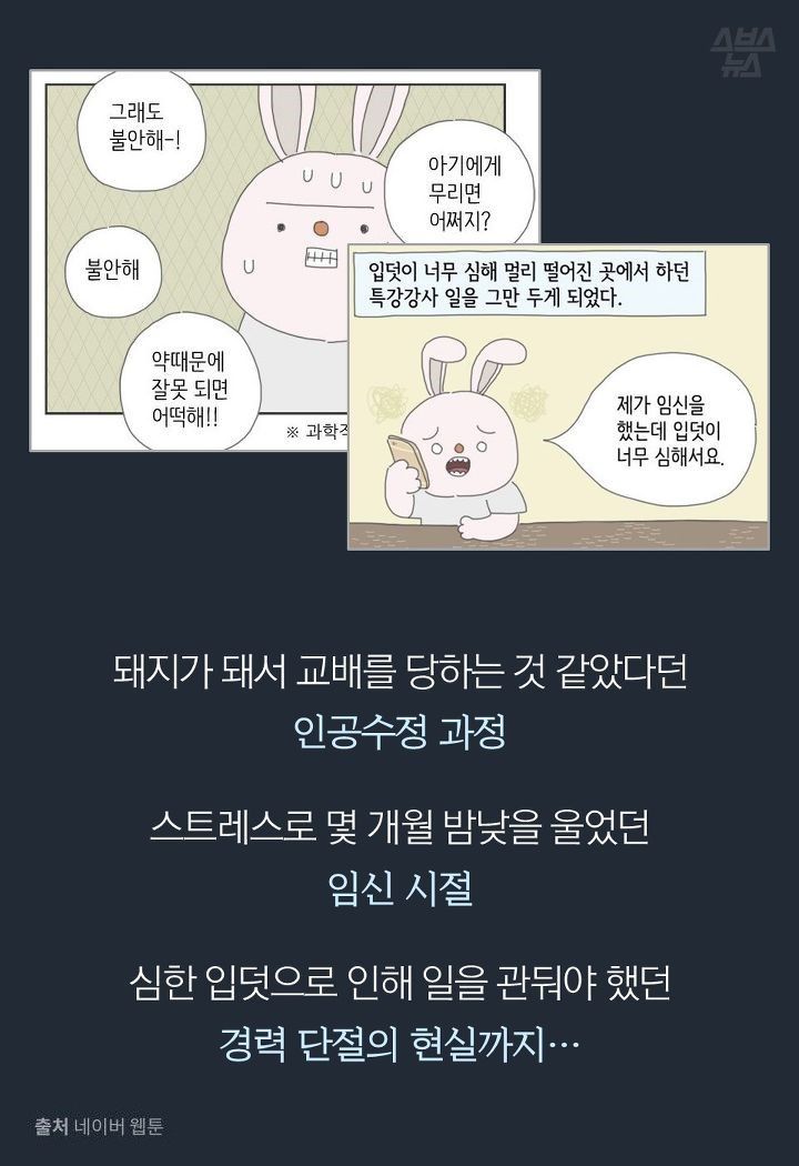 돼지가 돼서 교배를 당하는 것 같았다던 
인공수정 과정

스트레스로 몇 개월 밤낮을 울었던 
임신 시절

심한 입덧으로 인해 일을 관둬야 했던 
경력 단절의 현실까지…
