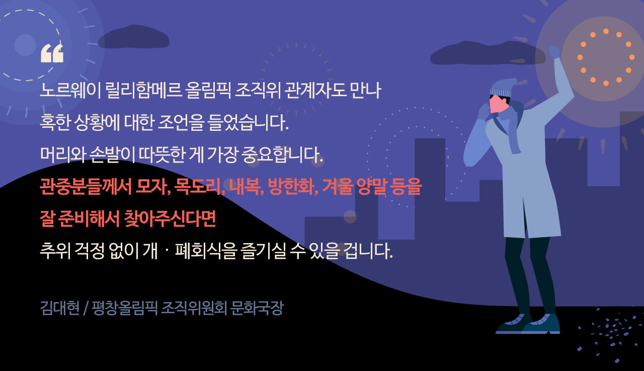 *그래픽
[김대현 / 평창올림픽 조직위원회 문화국장]
"노르웨이 릴리함메르 올림픽 조직위 관계자도 만나 혹한 상황에 대한 조언을 들었습니다. 머리와 손발이 따뜻한 게 가장 중요합니다. 관중분들께서 모자, 목도리, 내복, 방한화, 겨울 양말 등을 잘 준비해서 찾아주신다면 추위 걱정 없이 개폐회식을 즐기실 수 있을 겁니다."