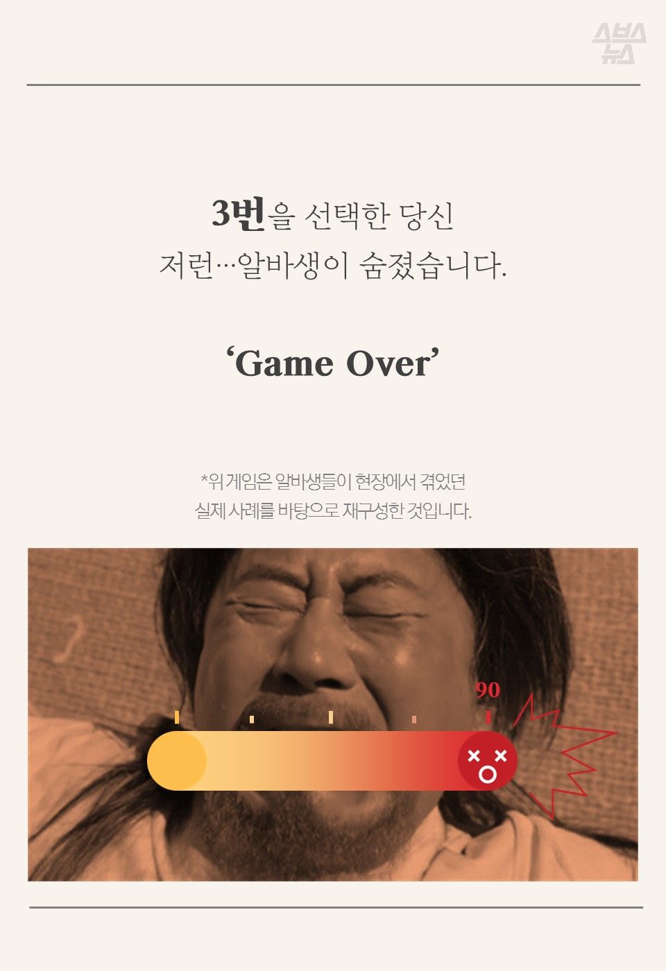 3번을 선택한 당신
저런…알바생이 숨졌습니다.
'Game Over'
*위 게임은 알바생들이 현장에서 겪었던
실제 사례를 바탕으로 재구성한 것입니다.