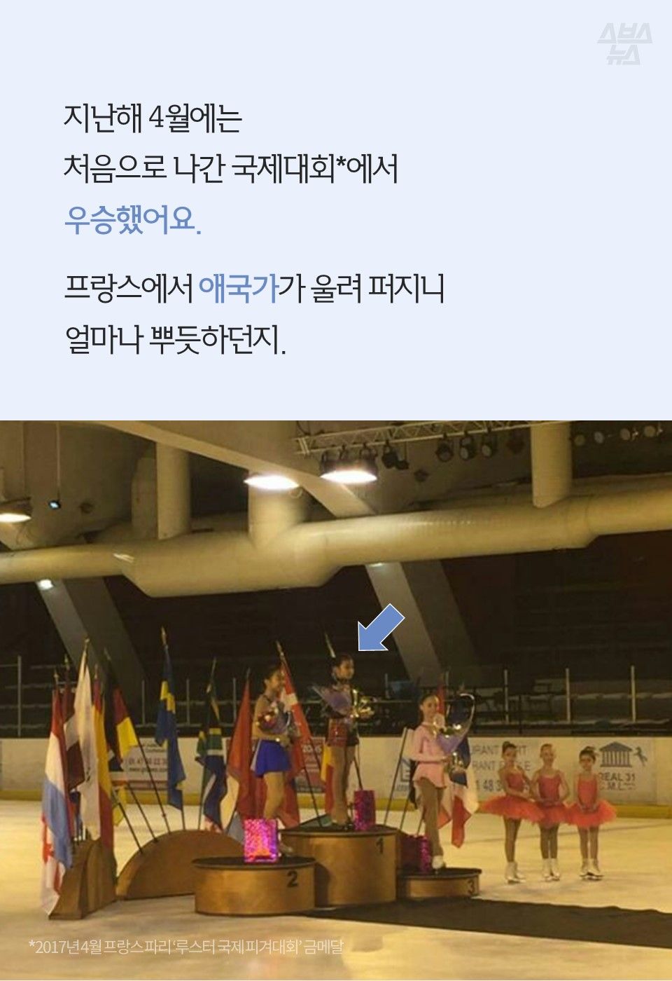 지난해 4월에는
처음으로 나간 국제대회*에서
우승했어요.
프랑스에서 애국가가 울려 퍼지니
얼마나 뿌듯하던지.