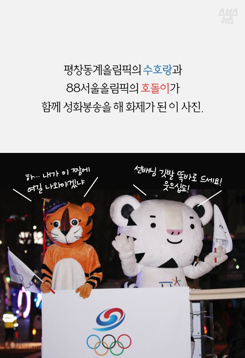 평창동계올림픽의 수호랑과 88서울올림픽의 호돌이가 함께 성화봉송을 해 화제가 된 이 사진.