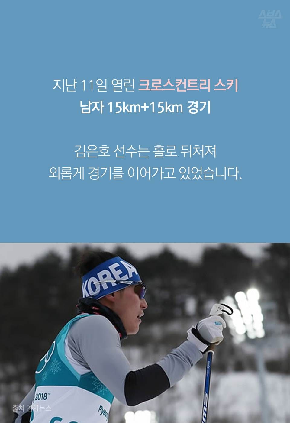 지난 11일 열린 크로스컨트리 스키
남자 15km+15km 경기
김은호 선수는 홀로 뒤처져
외롭게 경기를 이어가고 있었습니다.