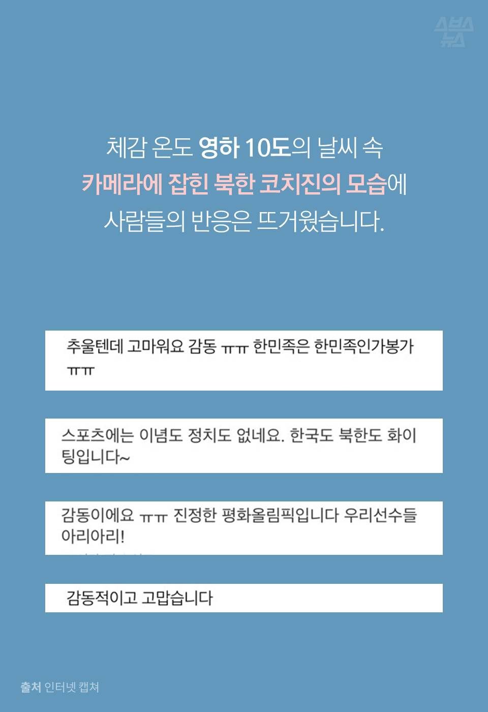 체감 온도 영하 10도의 날씨 속
카메라에 잡힌 북한 코치진의 모습에
사람들의 반응은 뜨거웠습니다.