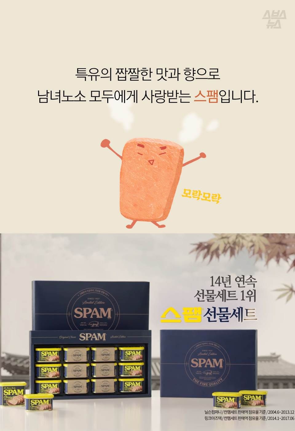 특유의 짭짤한 맛과 향으로 남녀노소 모두에게 사랑받는 스팸입니다.