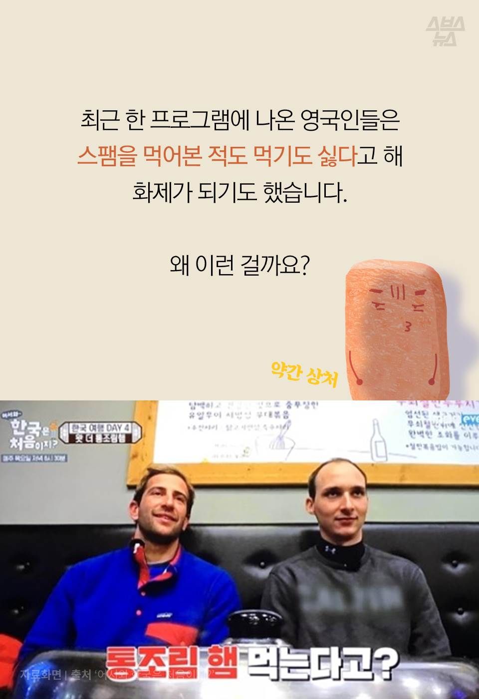최근 한 프로그램에 나온 영국인들은 스팸을 먹어본 적도 먹기도 싫다고 해
화제가 되기도 했습니다.
왜 이런 걸까요?
